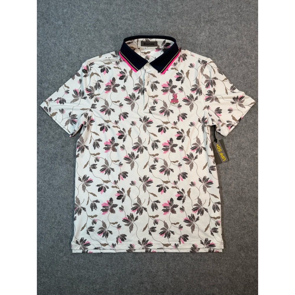 G/FORE‎ Mens Floral Print Performance Golf Polo Shirt White Pink UPF 50+ Size M - Picture 2 of 9